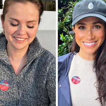 a trio of photos of selena gomez, meghan markle, and hailey bieber with their i voted stickers