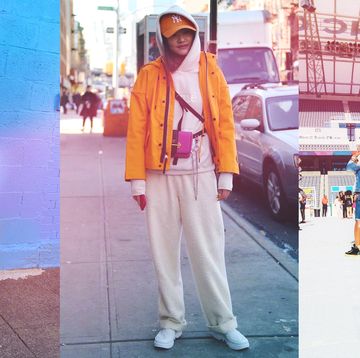 Street fashion, Clothing, Orange, Fashion, Pink, Snapshot, Footwear, Outerwear, Shoe, Jacket, 