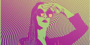 retro styled 1960's psychedelic sensuous woman with half tone pattern