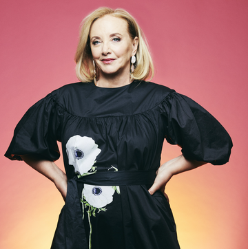 j smith cameron in a black floral dress